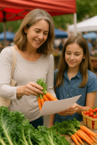 Woman and her daughter shopping at a farmers market for fresh, kidney-friendly foods