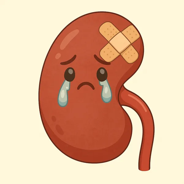 Cartoon-style kidney with teary eyes and a bandage on its upper right corner, symbolizing kidney pain or acute kidney injury.