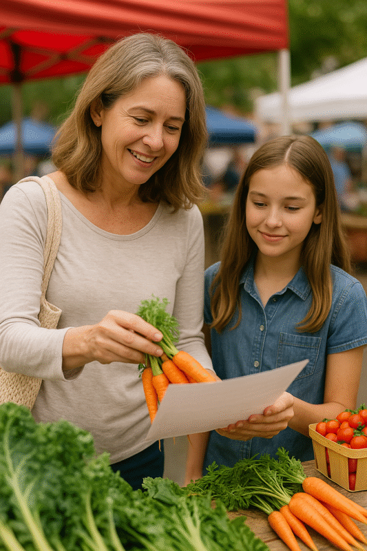 Woman and her daughter discuss nutrition while shopping at a farmers market for fresh, kidney-friendly foods