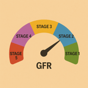 Circular gauge labeled with GFR stages 1 through 5, needle pointing at stage 2