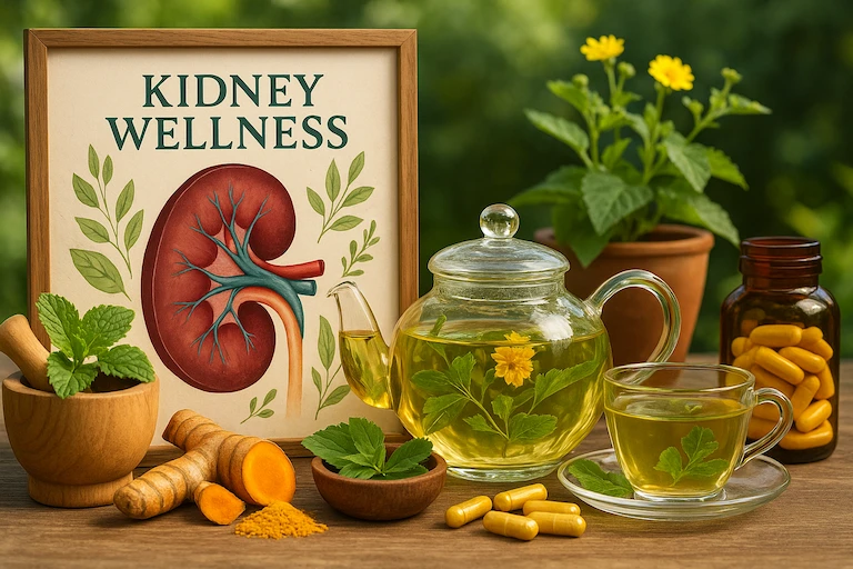 Hero Image Kidney wellness concept with herbal tea, turmeric, and supplements beside kidney anatomy illustration