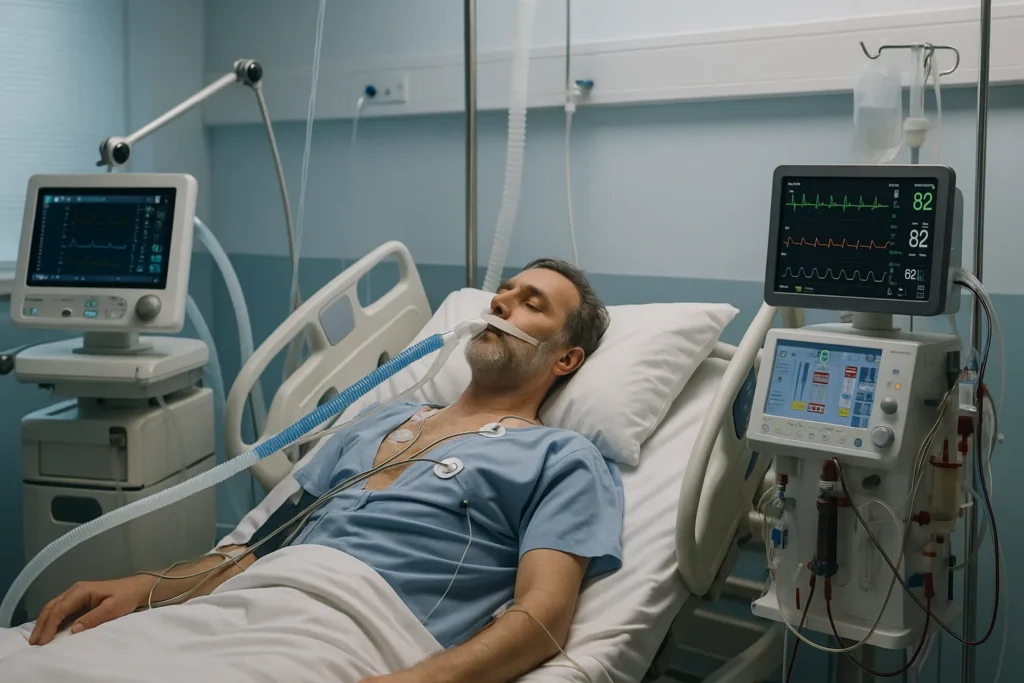 ICU patient on ventilator, cardiac monitor, and CRRT — illustrating advanced care for heart disease and kidney failure.