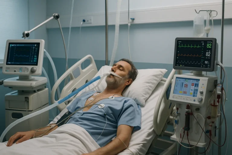 ICU patient on ventilator, cardiac monitor, and CRRT — illustrating advanced care for heart disease and kidney failure.