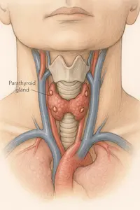 Medical illustration of the parathyroid glands and their role in high PTH in kidney disease.