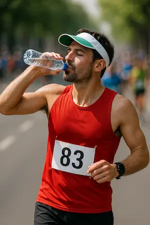 Marathon runner in a red tank top and white visor drinking from a water bottle mid-race, symbolizing kidney wellness for patients with polycystic kidney disease