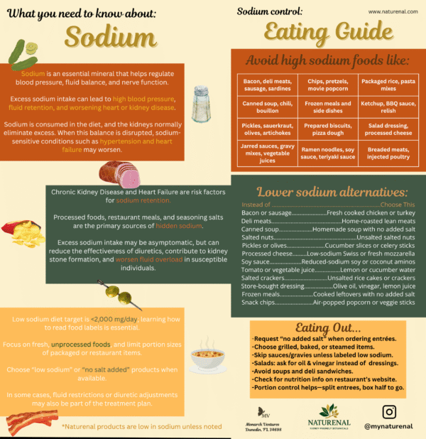 Double-sided sodium control CKD rack card with salt reduction tips, food substitutions, and heart-kidney health advice