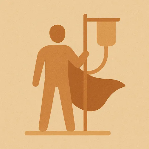 Stylized figure with cape holding a dialysis pole, symbolizing strength and resilience in dialysis patients
