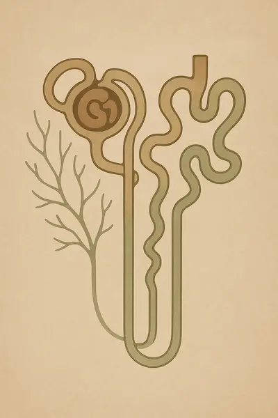 Stylized medical illustration of a nephron, the kidney’s filtering unit