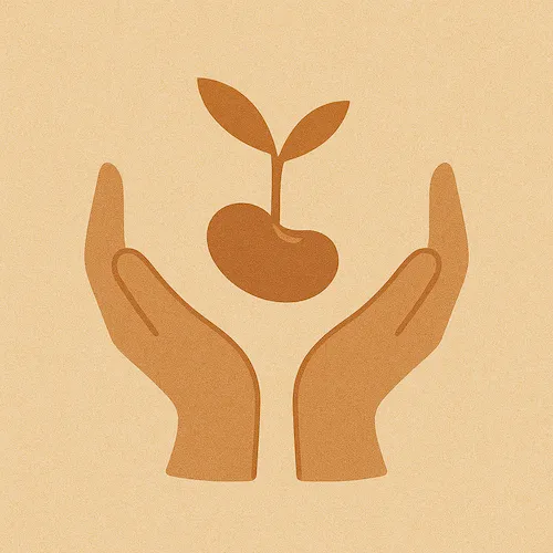 Minimalist earth-tone illustration of two hands holding a stylized kidney, representing kidney transplant care and support