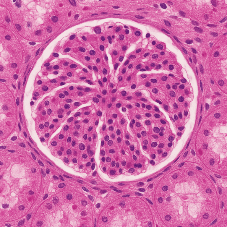 A glomerular tuft surrounded by renal tubules as seen on kidney biopsy specimens.