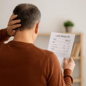 Man seen from behind holding the side of his head in disbelief while reading kidney lab results
