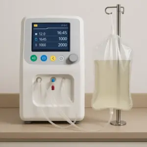 A compact peritoneal dialysis machine set up for home dialysis use with fluid to symbolize peritoneal dialysis adequacy.