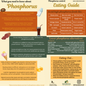 Double-sided phosphorus control rack card for chronic kidney disease with food swaps, phosphate additive tips, and binder timing advice