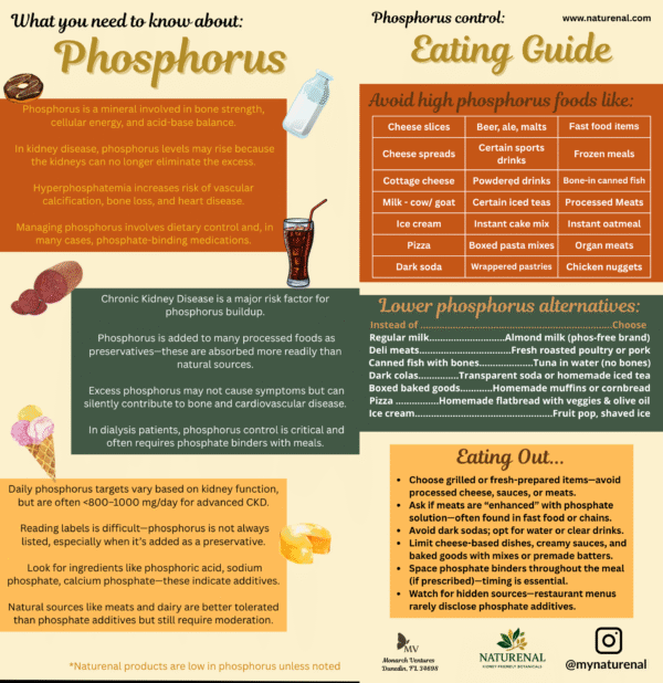Double-sided phosphorus control rack card for chronic kidney disease with food swaps, phosphate additive tips, and binder timing advice