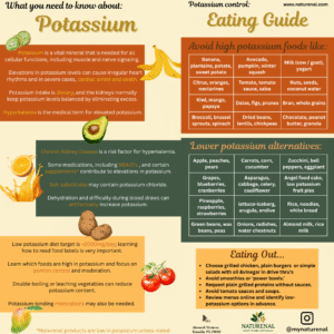 Double-sided potassium control rack card for CKD patients, showing food swaps, portion guidance, and daily potassium awareness tools
