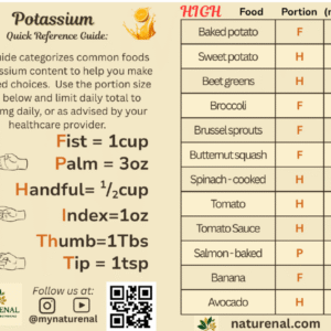 Z-fold potassium wallet card thumbnail showing high, moderate, and low potassium foods for kidney health management