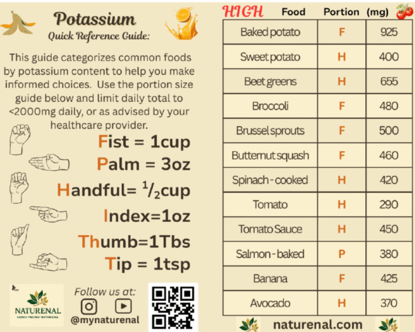 Z-fold potassium wallet card thumbnail showing high, moderate, and low potassium foods for kidney health management