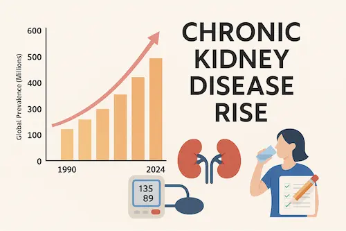 Infographic showing the chronic kidney disease rise from 1990 to 2024 with upward trend, bar chart, kidneys, blood pressure monitor, and hydration checklist