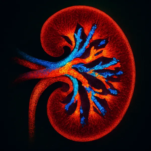Colorized Doppler-style image of a human kidney with vivid red and blue blood flow patterns drawing attention to chronic kidney disease rise