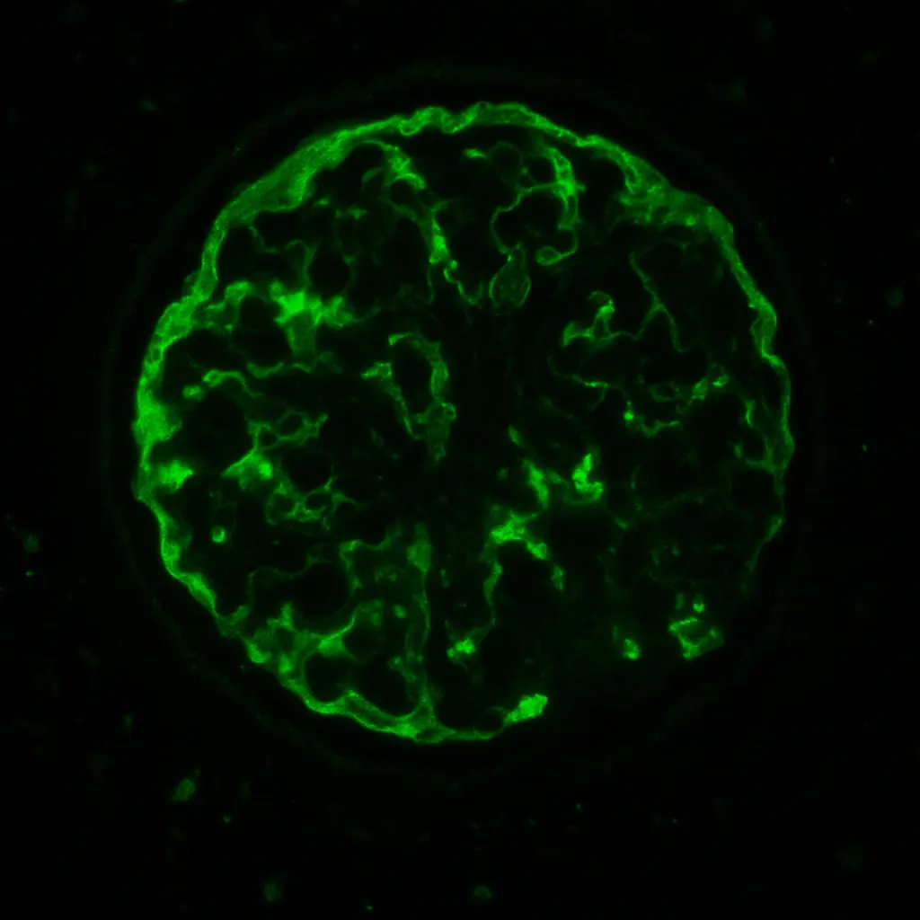 Immunofluorescent microscopy image of a glomerulus with IgA nephropathy, showing granular green mesangial IgA deposits.