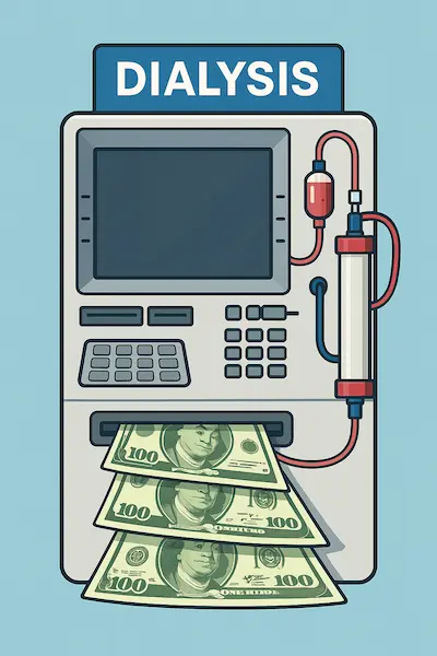 Graphic of a dialysis machine and dollars signifying treatment costs.