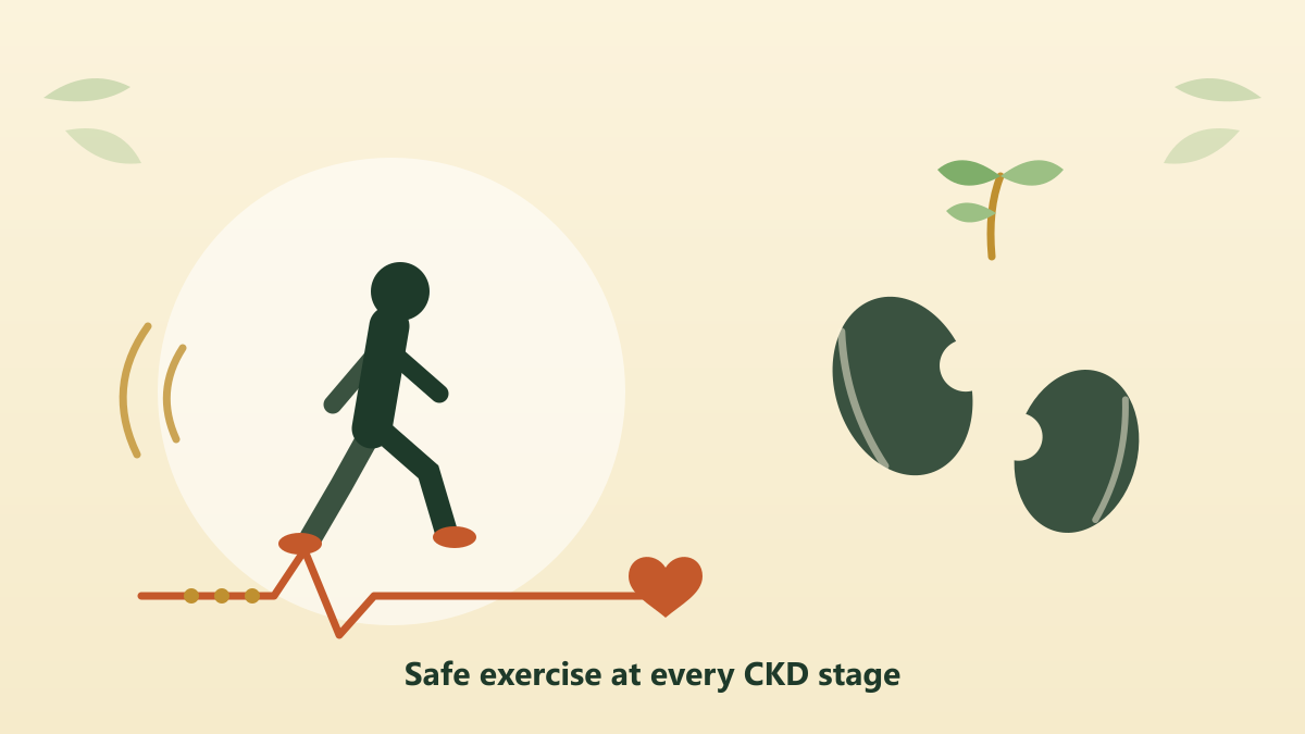 Walking figure with a heartbeat pulse line beside two kidney silhouettes and a small sprout, on a cream background