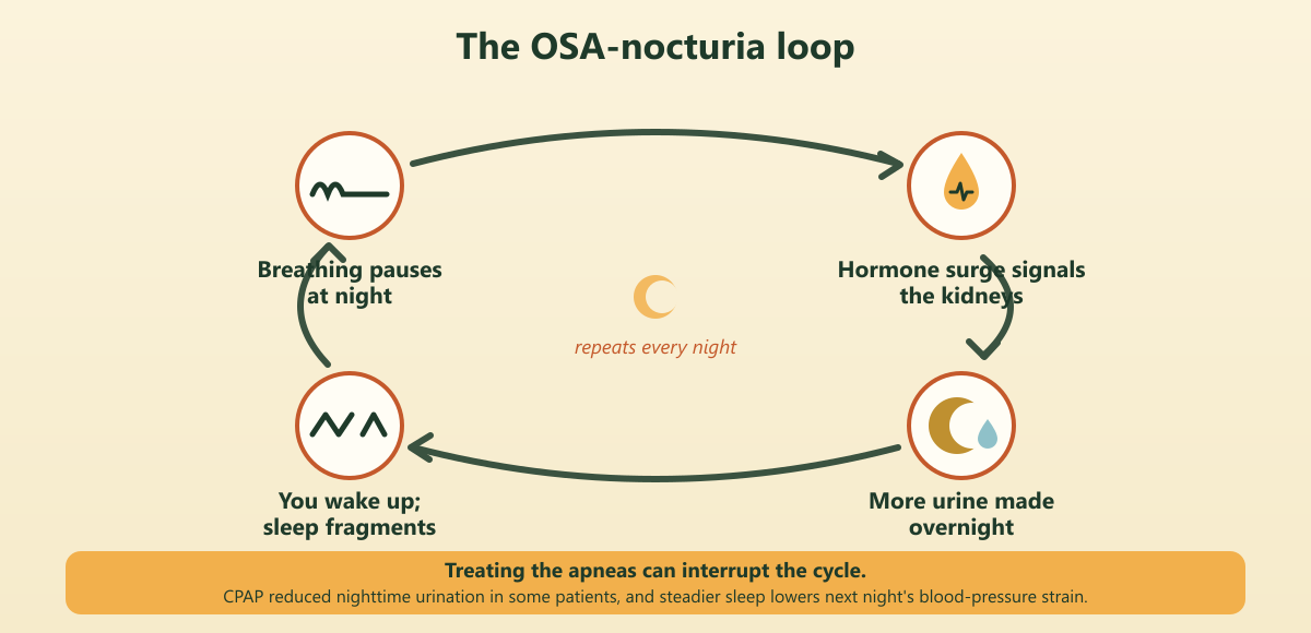Diagram of the OSA-nocturia loop: nighttime breathing pauses trigger hormone surges that increase urine production, causing wakefulness and fragmented sleep