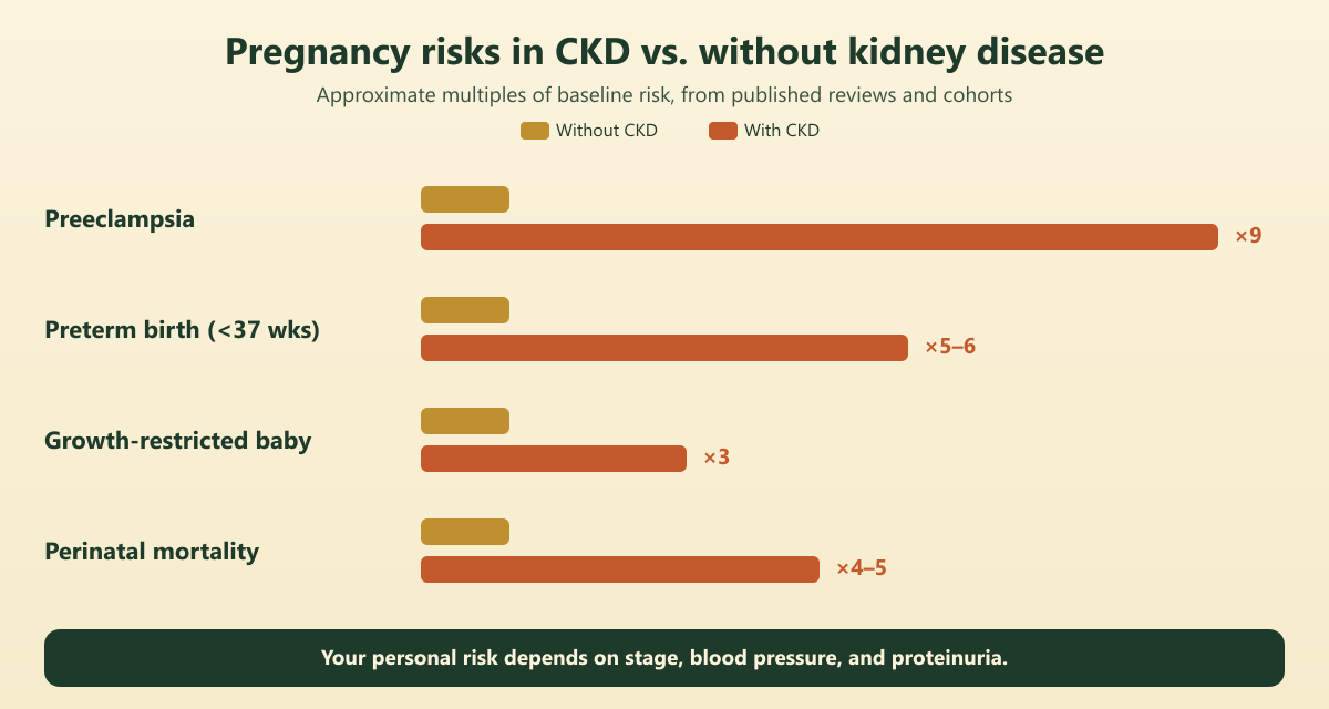 Bar chart comparing pregnancy with kidney disease complication risks compared to those without CKD: preeclampsia about 9 times, preterm birth about 5 to 6 times, growth restriction about 3 times, perinatal mortality about 4 to 5 times higher odds